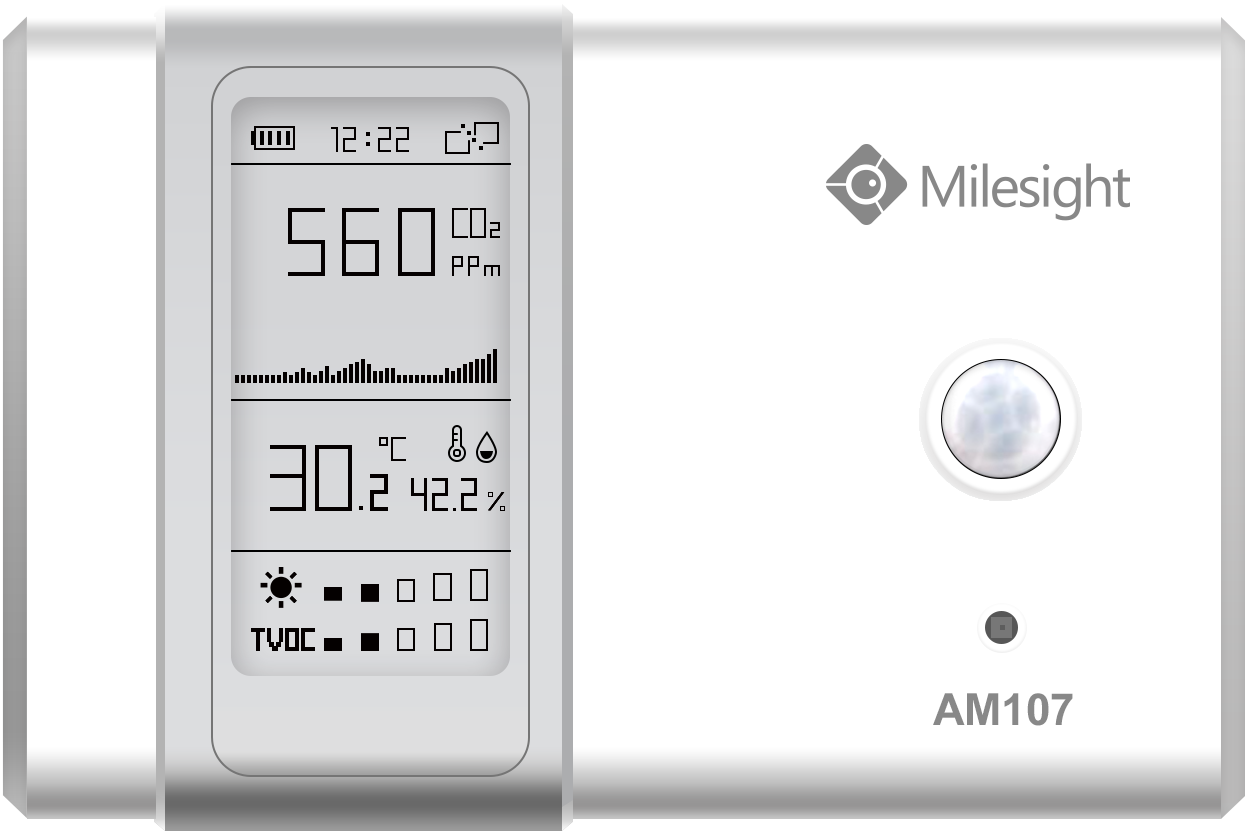 AM107-868M Senzor TVOC, bar. tlaku, CO2, teploty, vlhkosti, pohybu, osvětlení, displej, NFC, IP30