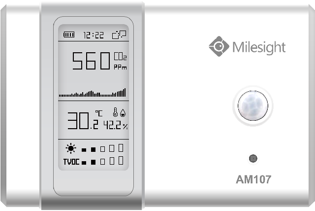 AM107-868M Senzor TVOC, bar. tlaku, CO2, teploty, vlhkosti, pohybu, osvětlení, displej, NFC, IP30