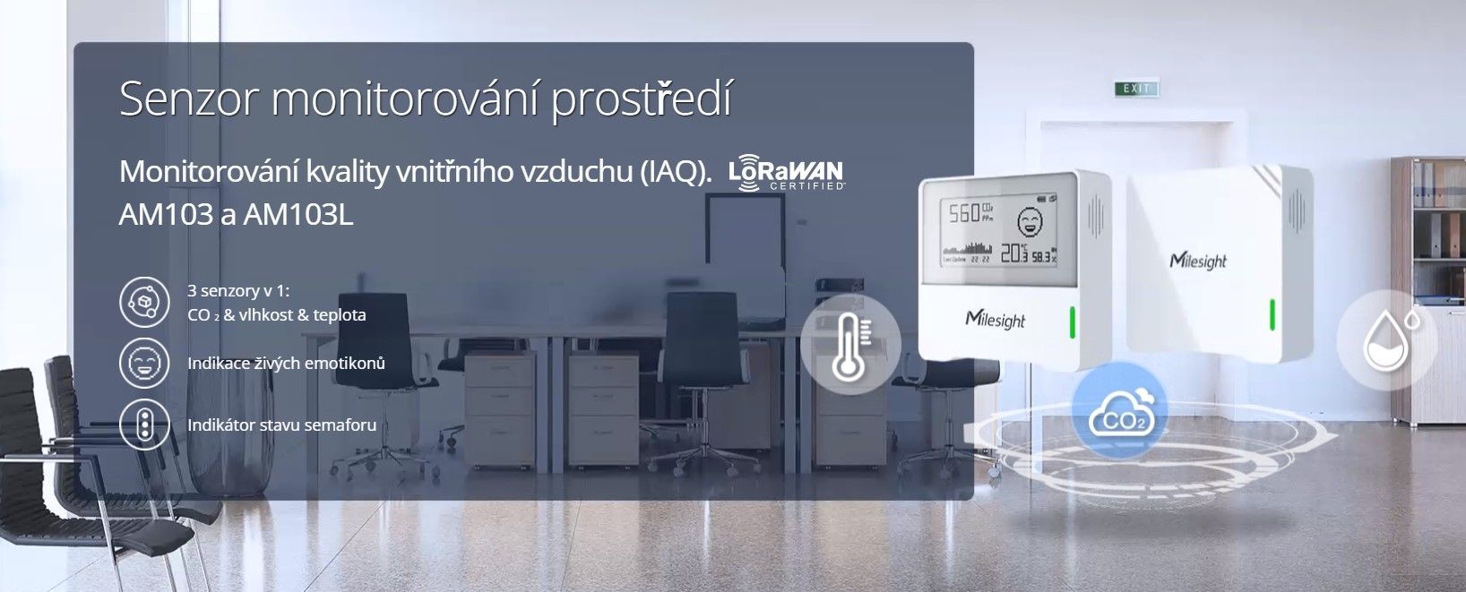 AM103-868M Senzor kvality ovzduší, CO2, teploty, vlhkosti, NFC, IP30