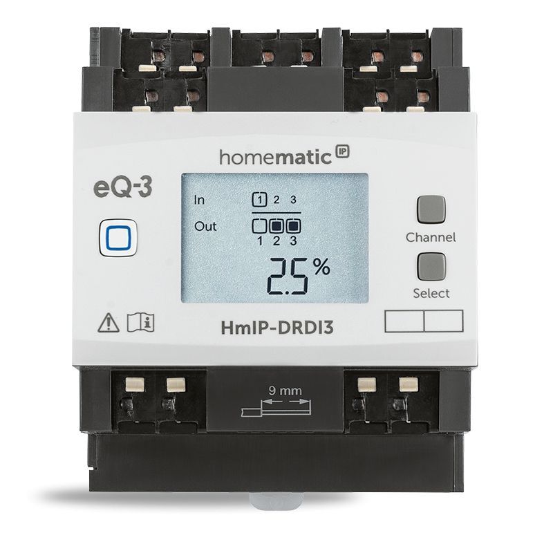 Stmívací akční člen s LCD - na DIN lištu, 3 kanály - HmIP-DRDI3