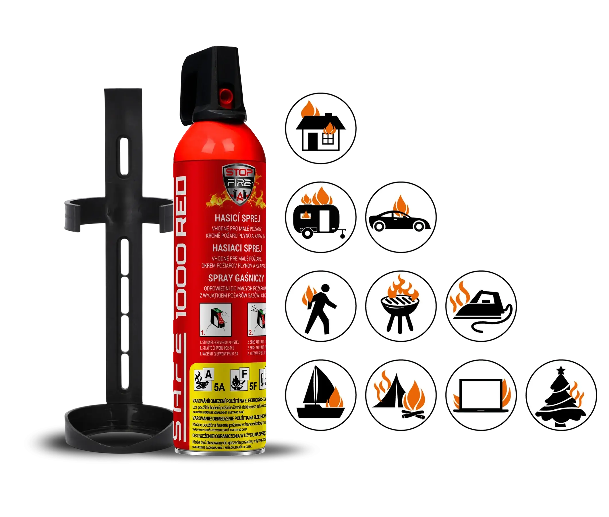SET Fire extinguishing spray SAFE 1000 ml + holder SAFE 100C